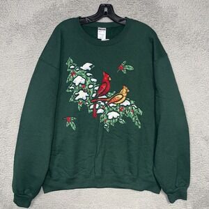 VTG JERZEES Cardinal Bird Sweater Adult XL Green Couch Embroider 2-Side Pullover